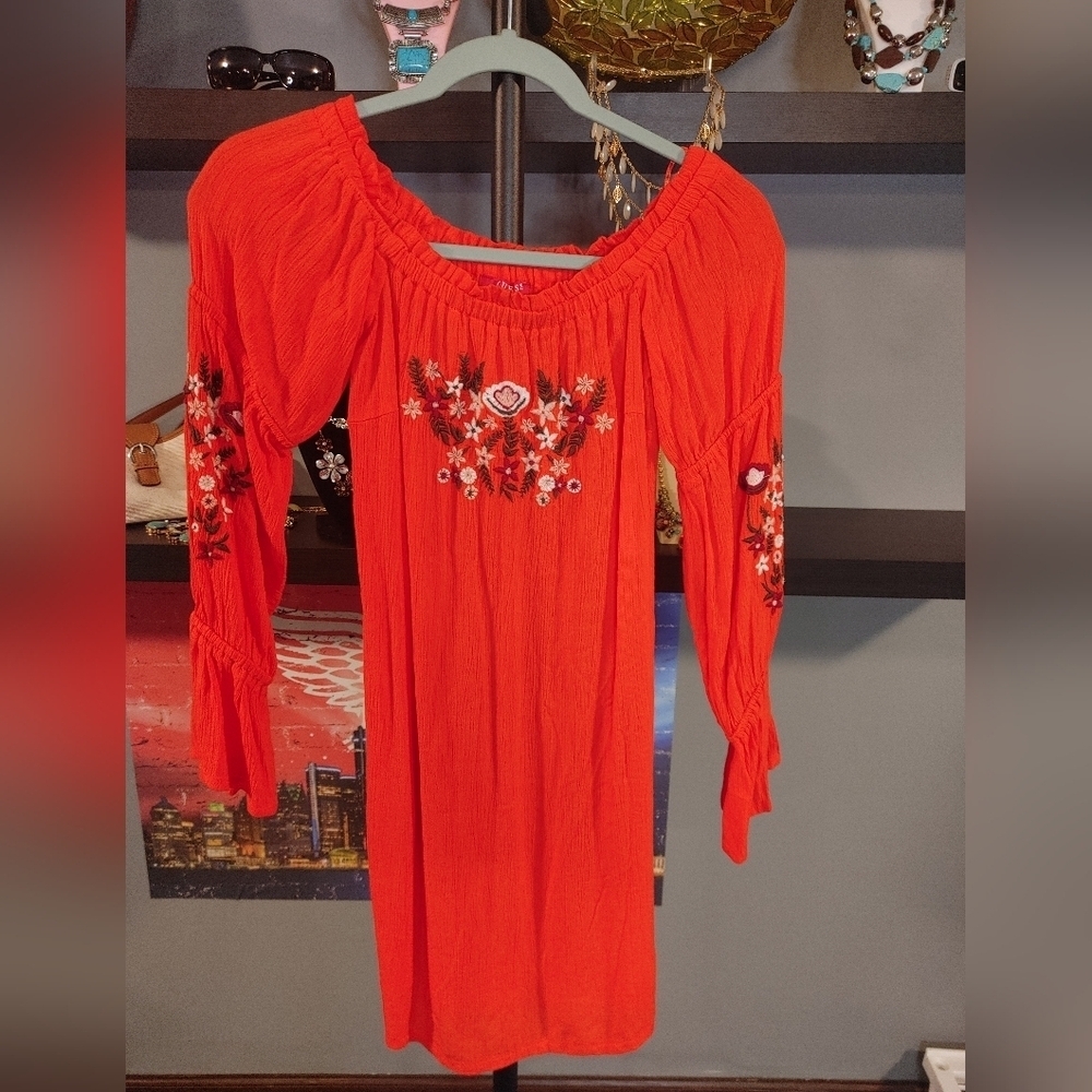 GUESS Presley Off Shoulder Embroidered Dress XS Fiesta Orange Boho Floral NWT - Picture 3 of 8